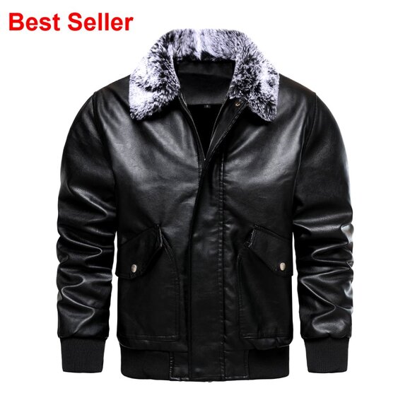 Mens Faux Leather Flight Bomber Jacket with Fur Collar Fleece Lined